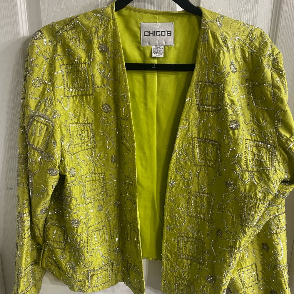Chico's Lime Green Beaded Open-Front Jacket